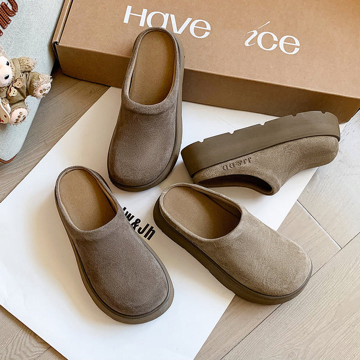 Round Toe Flat Mules – Women’s Cow Suede Comfortable Shoes