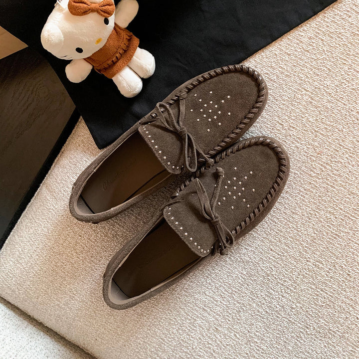 Women's Suede Moccasins - Hand-stitched Studded Loafers with Cowhide Insole