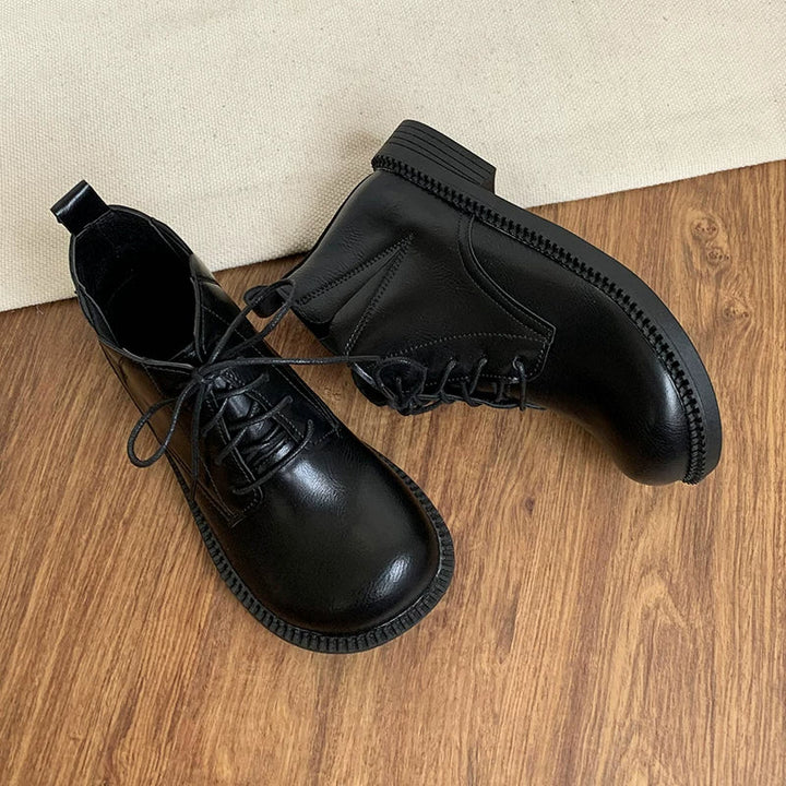 Women's Vegan Leather Ankle Boots Lace Up Casual Low Heel Booties Comfortable Walking Shoes