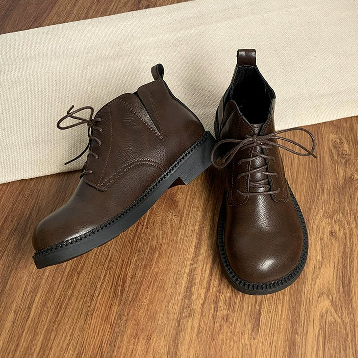 Women's Vegan Leather Ankle Boots Lace Up Casual Low Heel Booties Comfortable Walking Shoes