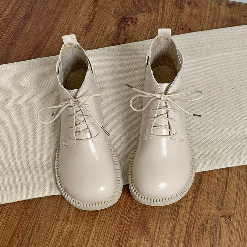Women's Vegan Leather Ankle Boots Lace Up Casual Low Heel Booties Comfortable Walking Shoes