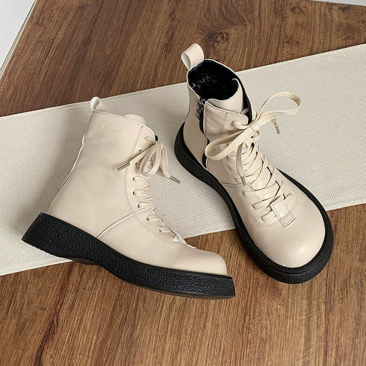 Women's Ankle Boots Lace Up Mid Calf Combat Booties Platform Low Heel