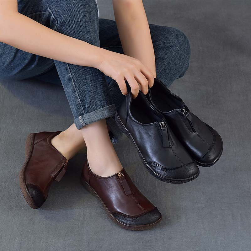 Women's Vintage Leather Slip-On Flats Front Zipper Soft Sole Driving Shoes