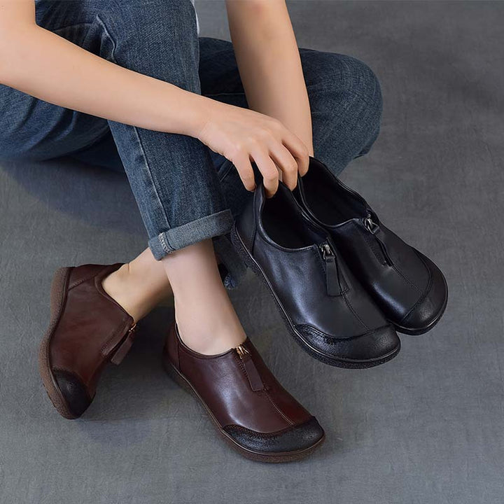 Women's Vintage Leather Slip-On Flats Front Zipper Soft Sole Driving Shoes