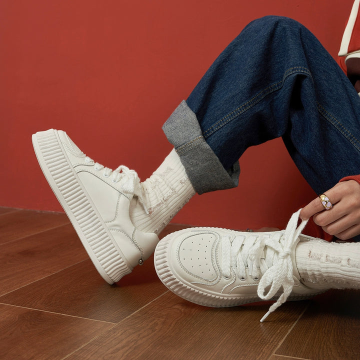 Women's Platform White Casual Lightweight Round Toe Lace Up Board Shoes