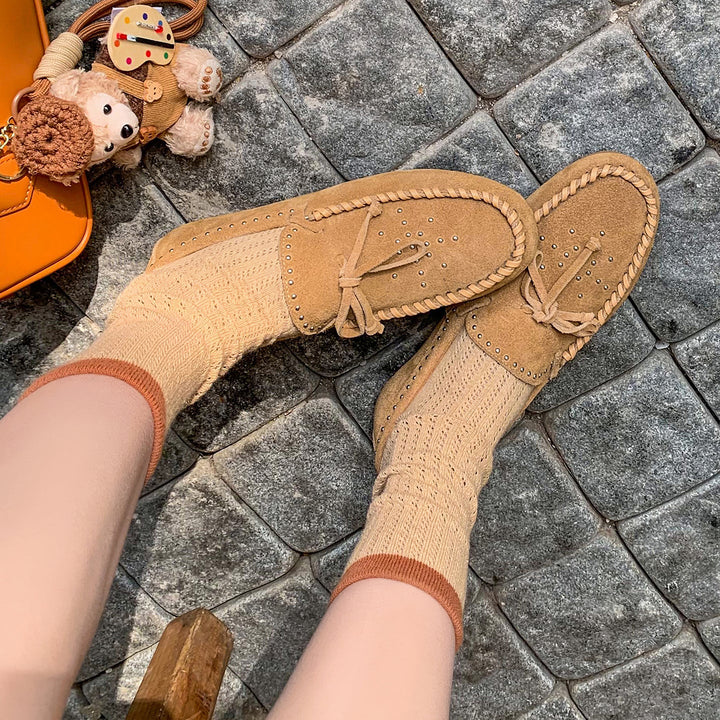 Women's Suede Moccasins - Hand-stitched Studded Loafers with Cowhide Insole