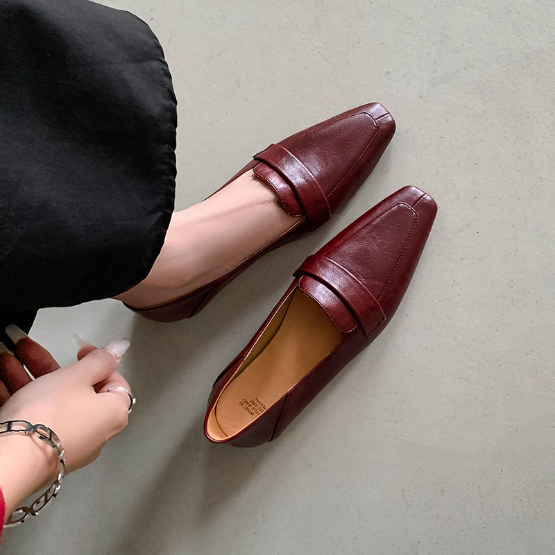 Women Genuine Leather Pointed Toe Retro Slip On Flat Comfortable Loafers