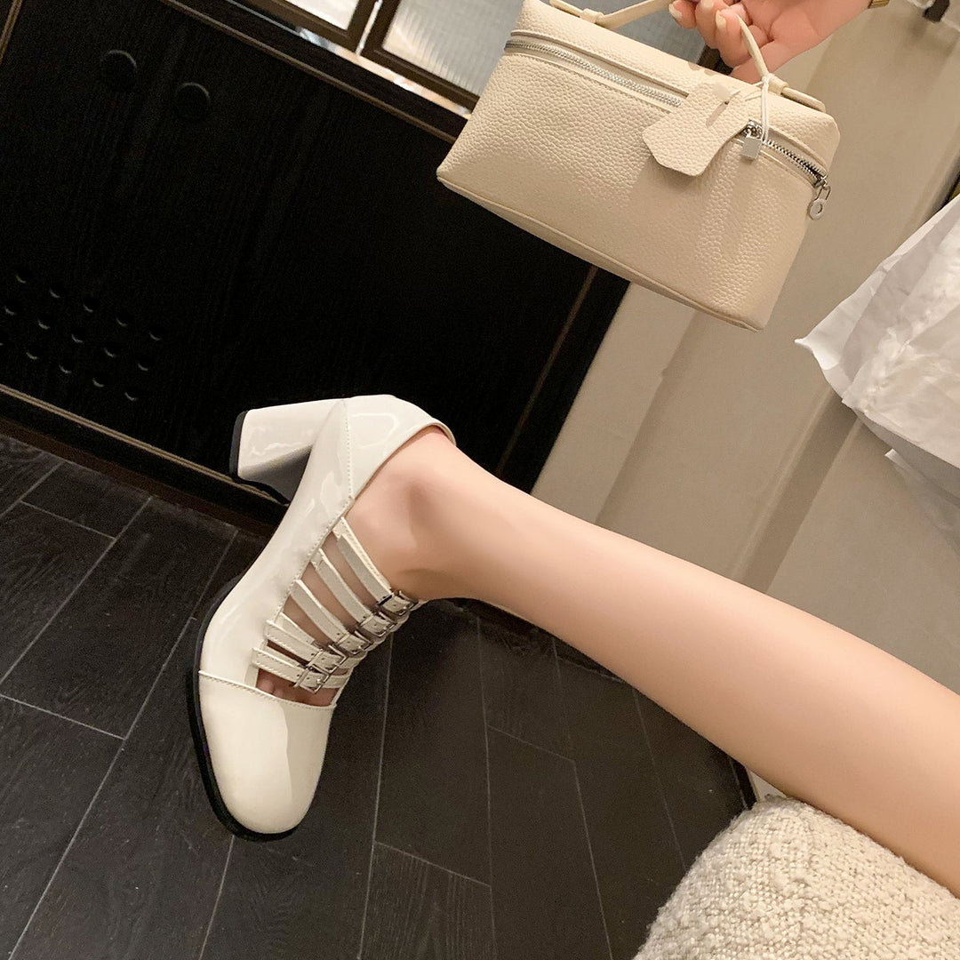 Women's Multi-Strap Mary Jane Heels - Patent Leather Pumps with Comfortable Block Heel
