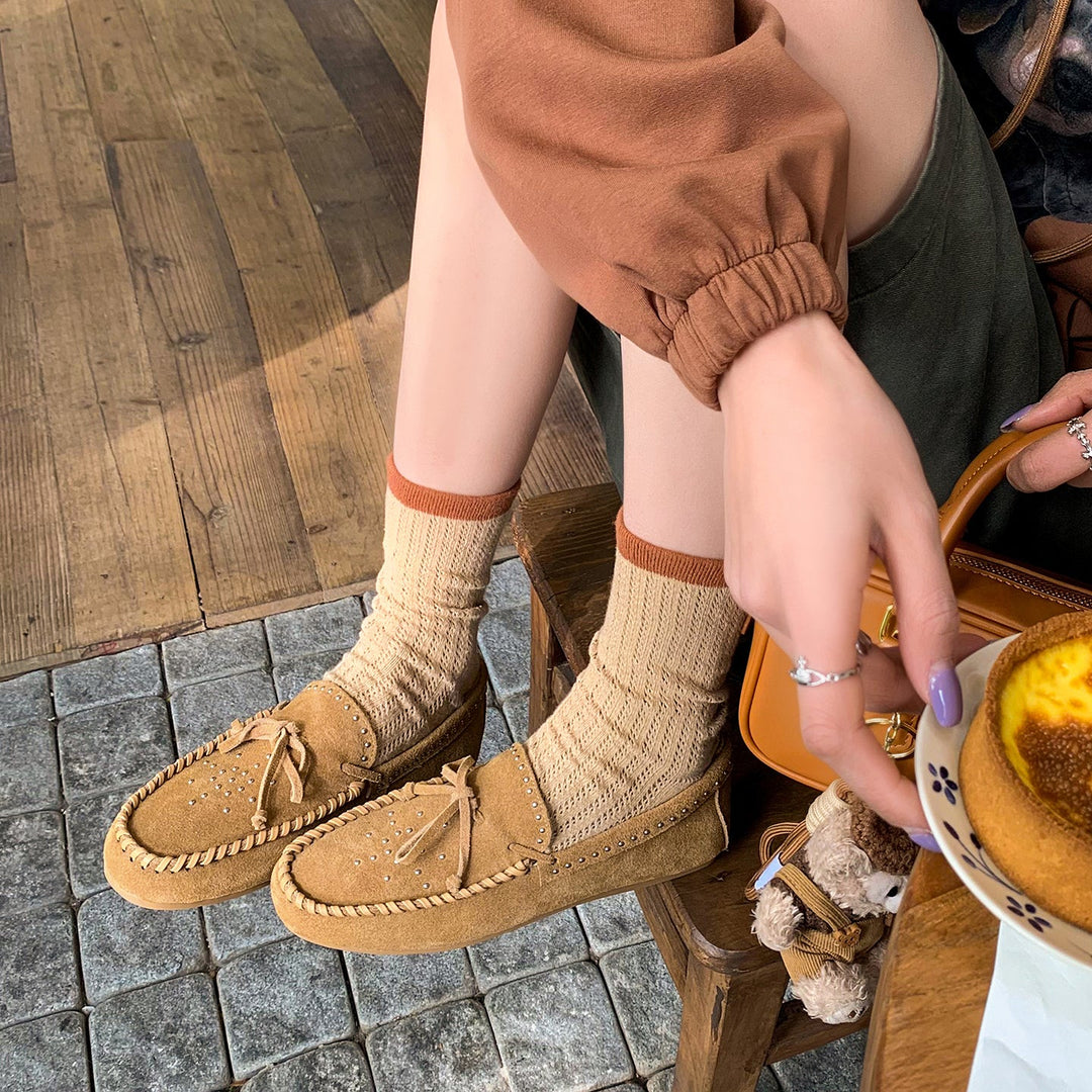 Women's Suede Moccasins - Hand-stitched Studded Loafers with Cowhide Insole