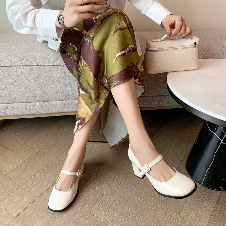French Vintage Block Heel Mary Janes - Elegant Round Toe Leather Pumps for Office & Daily Wear