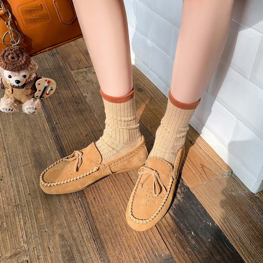 Women's Suede Moccasins - Hand-stitched Studded Loafers with Cowhide Insole