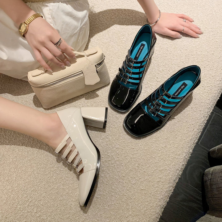 Women's Multi-Strap Mary Jane Heels - Patent Leather Pumps with Comfortable Block Heel