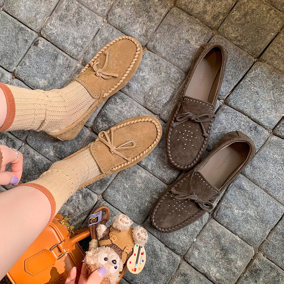 Women's Suede Moccasins - Hand-stitched Studded Loafers with Cowhide Insole