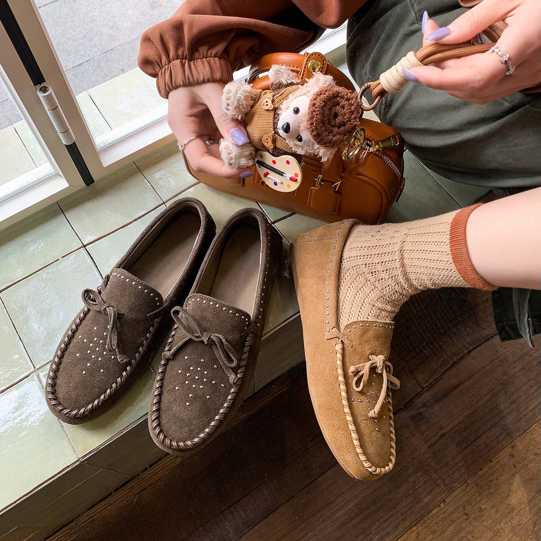 Women's Suede Moccasins - Hand-stitched Studded Loafers with Cowhide Insole