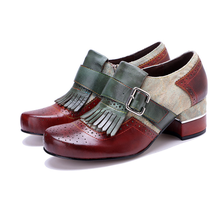 Women's Vintage Kiltie Fringe Block Heel Loafers Jacquard Sheepskin Slip On Shoes