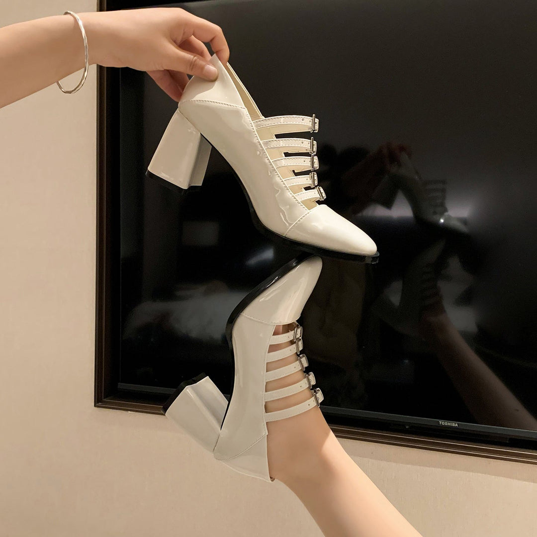 Women's Multi-Strap Mary Jane Heels - Patent Leather Pumps with Comfortable Block Heel