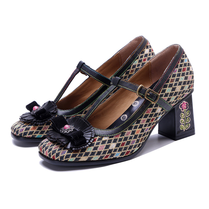 Women's Vintage T-strap Plaid Patchwork Floral Mary Jane High Heels