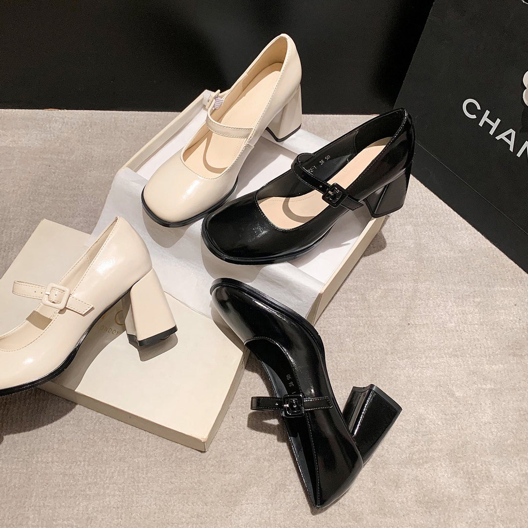 French Vintage Block Heel Mary Janes - Elegant Round Toe Leather Pumps for Office & Daily Wear