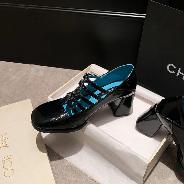 Women's Multi-Strap Mary Jane Heels - Patent Leather Pumps with Comfortable Block Heel