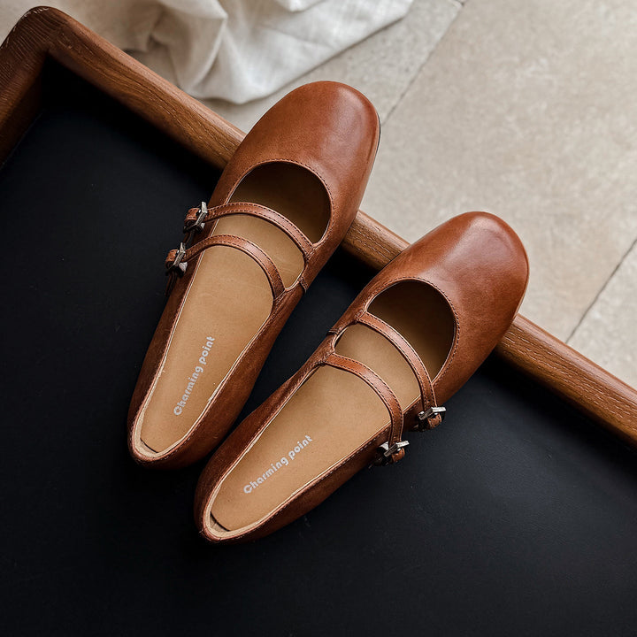 Women's Vintage French Style Leather Ballet Flats - Handcrafted Double Strap Mary Janes