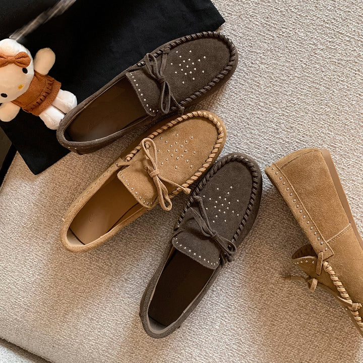 Women's Suede Moccasins - Hand-stitched Studded Loafers with Cowhide Insole