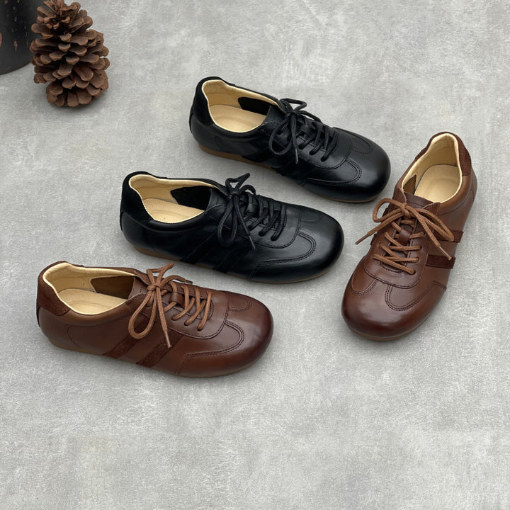 Women's Vintage Leather Retro Runners Round Toe Soft Sole Lace-Up Walking Shoes