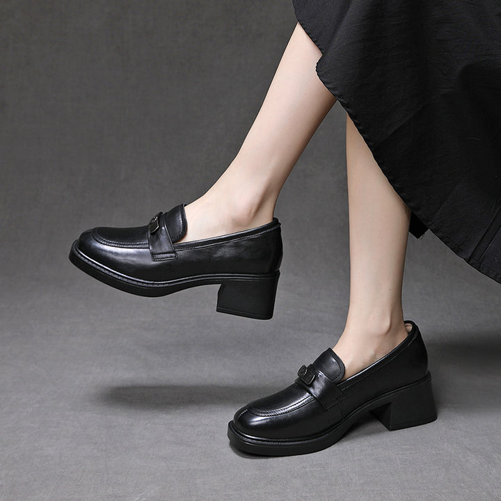 Women's Genuine Leather Heeled Loafers Chunky Block Heel Slip On Pumps