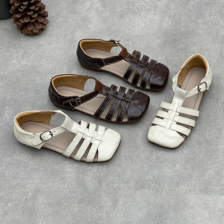Women's Genuine Leather T-Strap Mary Jane Sandals Retro Square Toe Flats