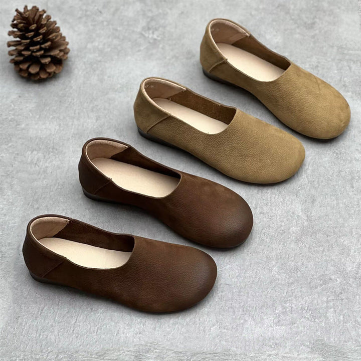 Women’s Minimalist Vintage Handmade Leather Flats – Retro Round Toe Slip-On Shoes