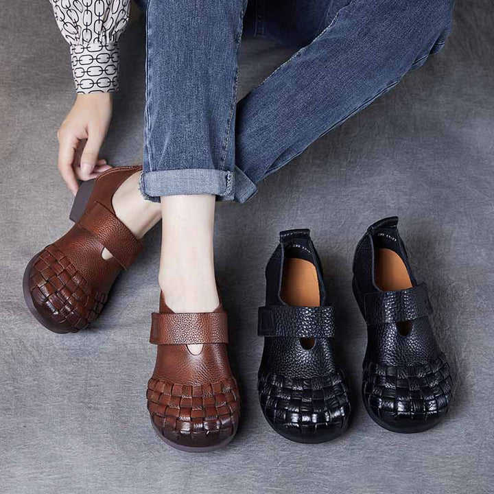 Women's Woven Leather Wide Toe Low Heel Velcro Casual Shoes