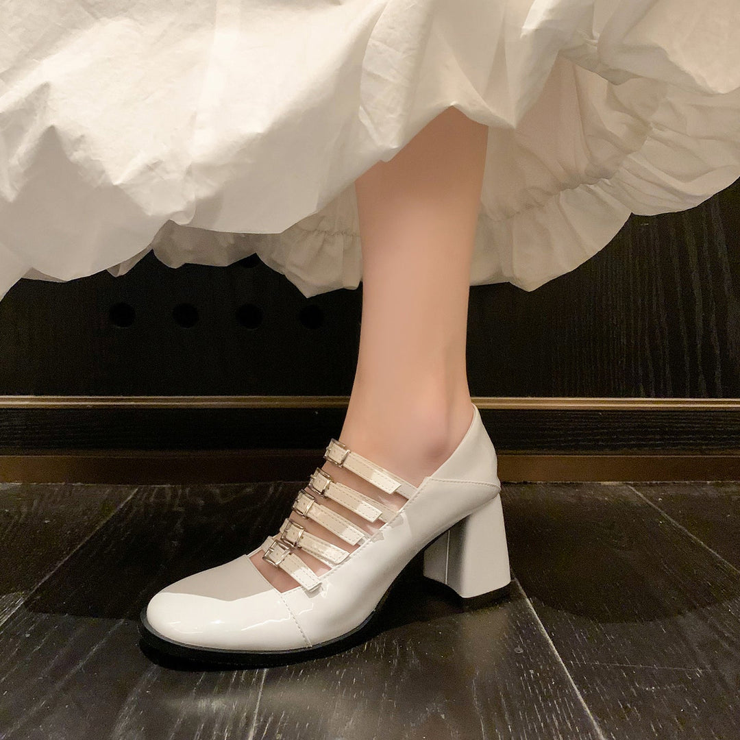 Women's Multi-Strap Mary Jane Heels - Patent Leather Pumps with Comfortable Block Heel