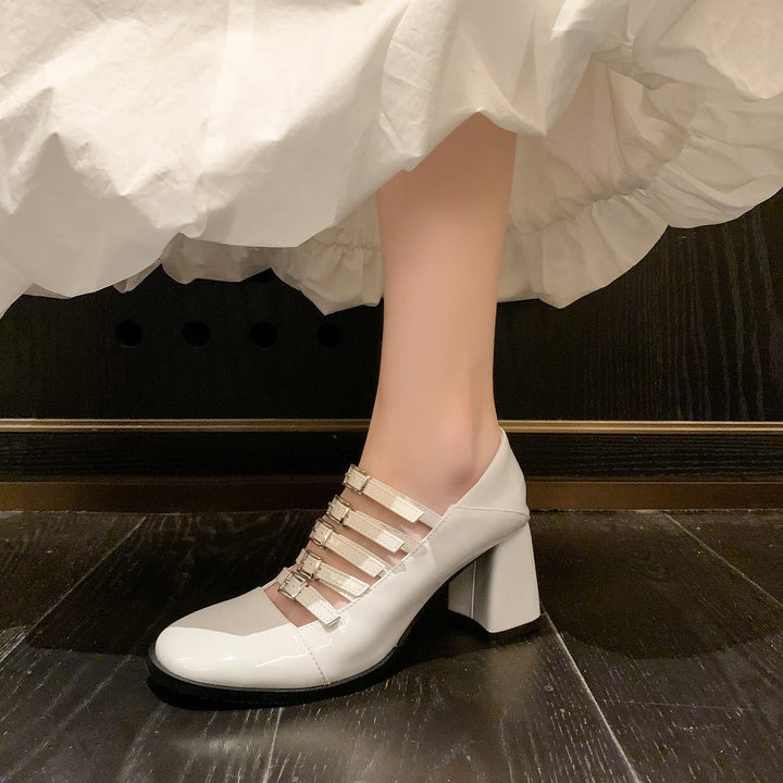 Women's Multi-Strap Mary Jane Heels - Patent Leather Pumps with Comfortable Block Heel