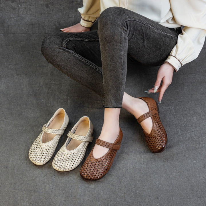 Genuine Leather Weaving Hollow Out Breathable Summer Velcro Women's Sandals