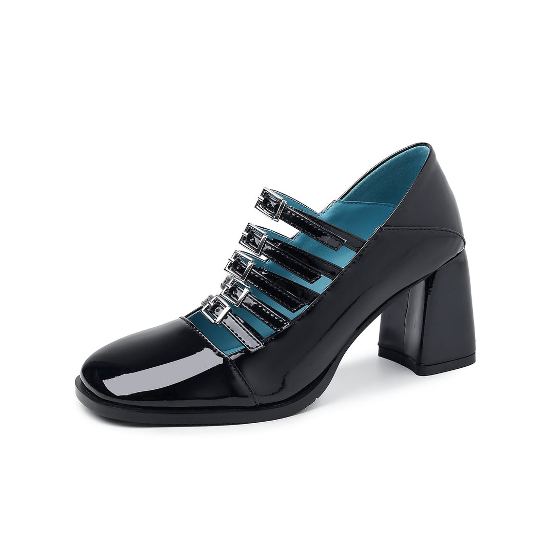 Women's Multi-Strap Mary Jane Heels - Patent Leather Pumps with Comfortable Block Heel