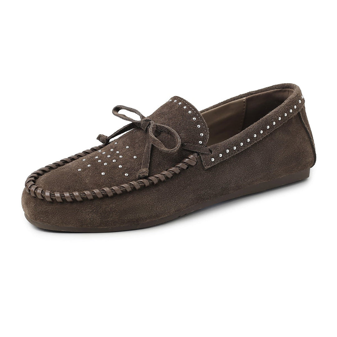 Women's Suede Moccasins - Hand-stitched Studded Loafers with Cowhide Insole