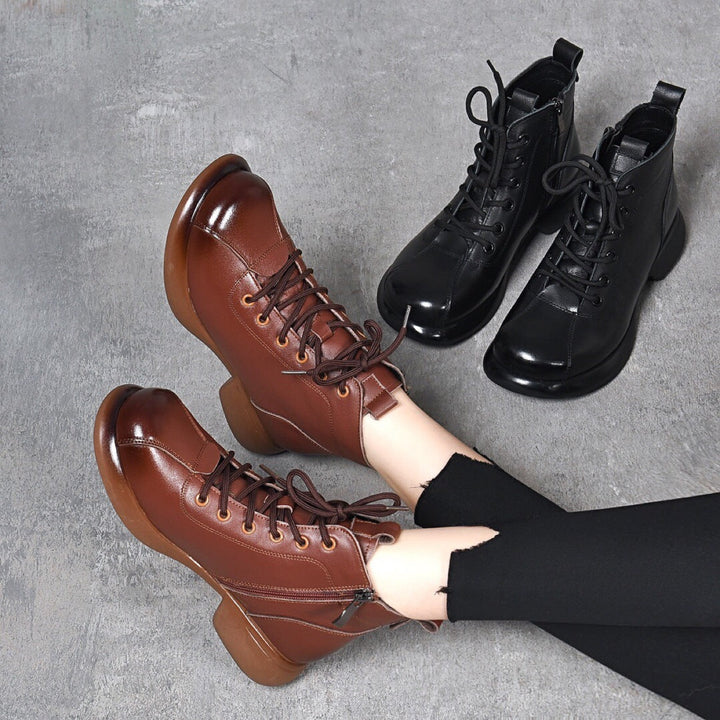 Women’s Vintage Leather Lace-Up Ankle Boots – Mid Heel Side Zip Design