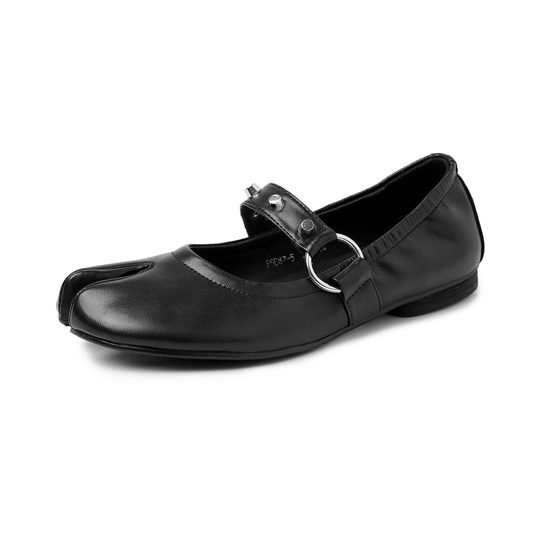 Women‘s Avant-Garde Split Toe Leather Ballet Flats - Luxurious Mary Janes with Studs