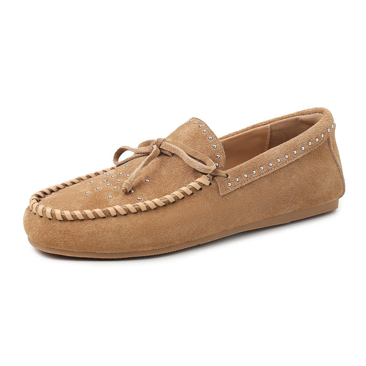 Women's Suede Moccasins - Hand-stitched Studded Loafers with Cowhide Insole