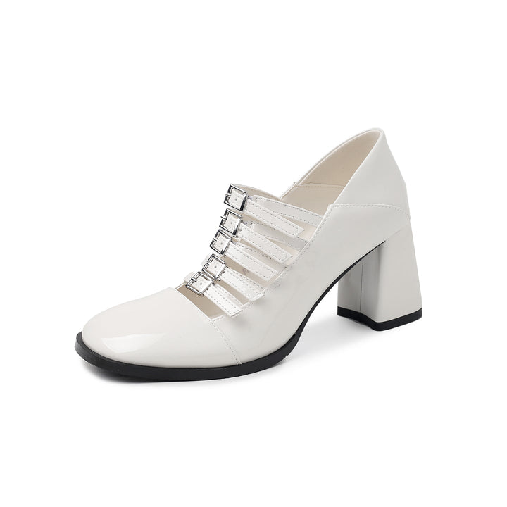 Women's Multi-Strap Mary Jane Heels - Patent Leather Pumps with Comfortable Block Heel