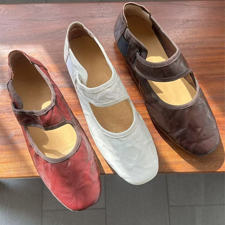 Women's Retro Lambskin Mary Jane Flats Vintage Square Toe Elastic Strap Ballet Shoes