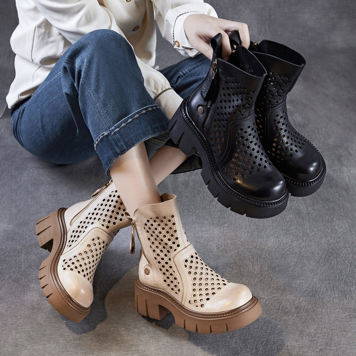 Women’s Retro Leather Cut-Out Ankle Boots – Summer Chunky Block Heel Zip Boots