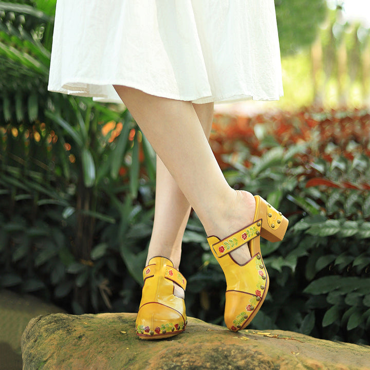 Boho Artisan Leather Mules for Women - Floral Printed Summer Sandals with Unique Studded Heel