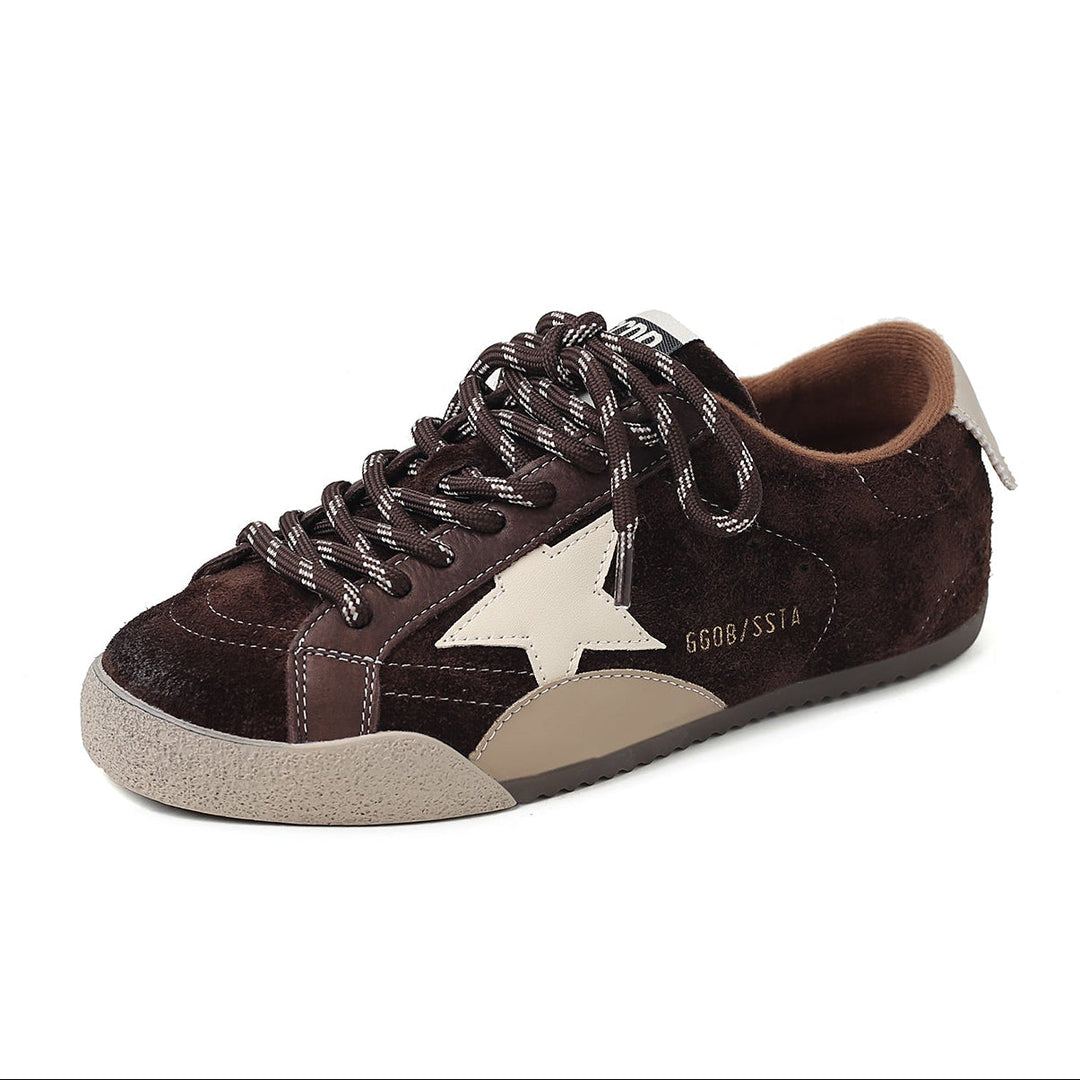 Flat Star Design Sneakers Retro – Women’s Cow Suede Lace-Up Shoes