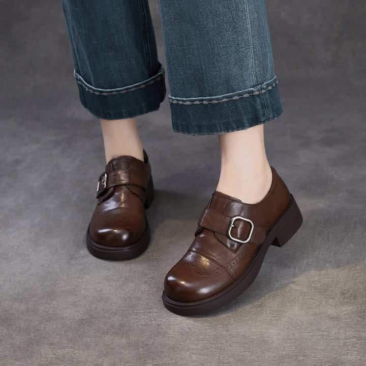 Women's Genuine Leather Chunky Platform Monk Strap Loafers Vintage Brogue Slip-on Shoes