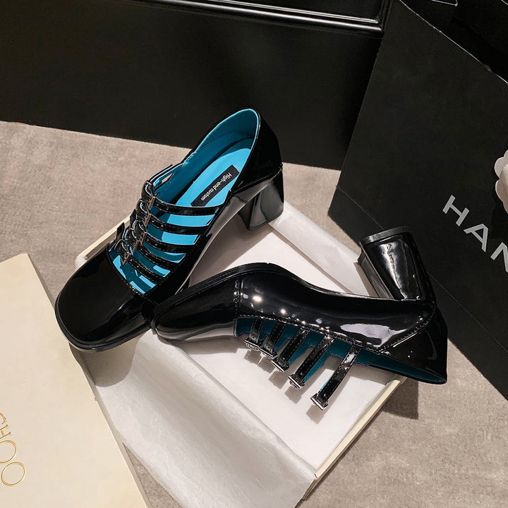 Women's Multi-Strap Mary Jane Heels - Patent Leather Pumps with Comfortable Block Heel