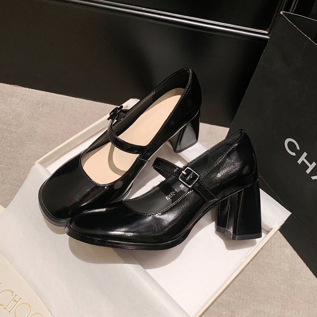 French Vintage Block Heel Mary Janes - Elegant Round Toe Leather Pumps for Office & Daily Wear