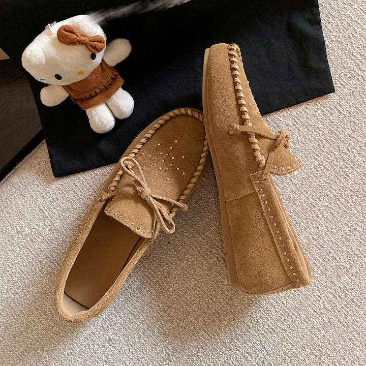 Women's Suede Moccasins - Hand-stitched Studded Loafers with Cowhide Insole