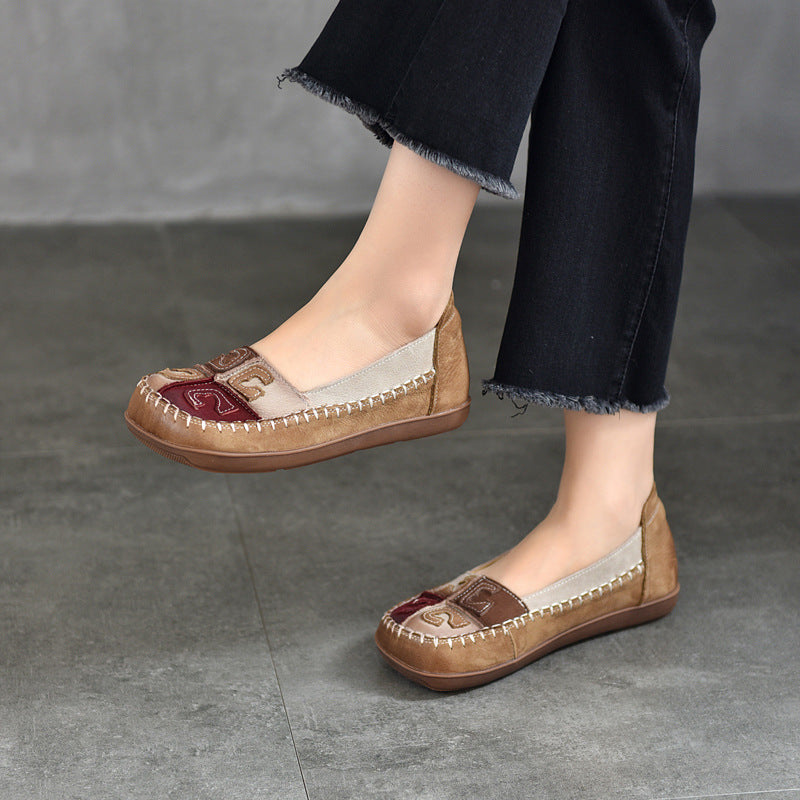 Women’s Retro Handmade Leather Colour-Block Flats – Round Square Toe Soft Sole Shoes