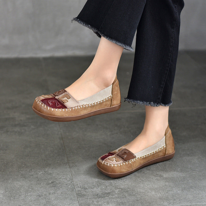 Women’s Retro Handmade Leather Colour-Block Flats – Round Square Toe Soft Sole Shoes