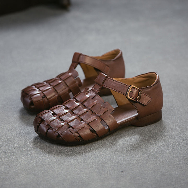 Women's Retro Woven Fisherman Sandals Vintage Leather Velcro Cage Flats